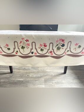Vintage MCM Tablecloth Pink Geraniums w Brown Accent Waffle Weave NO Flaws 44x52